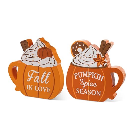 Glitzhome® Set of 2 Fall Wood Pumpkin Coffee Mug Table Decor